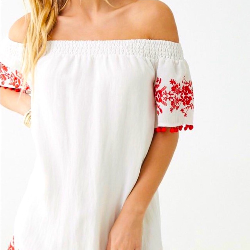☀️Forever 21 White & Red Off the Shoulder Dress - Picture 3 of 9